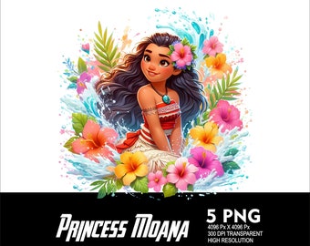 5 PNG Princesa Moana Splash y Acuarela Archivo PNG transparente para sublimación 300Dpi Archivos de descarga PNG de alta resolución Princesa Moana