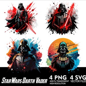 Op de afbeelding: Vier digitale illustraties van Darth Vader uit Star Wars. Elke afbeelding toont Vader in een zwarte helm en harnas, met een rood lichtzwaard in twee van de afbeeldingen. De achtergronden hebben kleurrijke verfspatter-effecten. De tekst onderaan luidt "STAR WARS DARTH VADER".