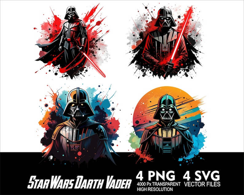 Op de afbeelding: Vier digitale illustraties van Darth Vader uit Star Wars. Elke afbeelding toont Vader in een zwarte helm en harnas, met een rood lichtzwaard in twee van de afbeeldingen. De achtergronden hebben kleurrijke verfspatter-effecten. De tekst onderaan luidt "STAR WARS DARTH VADER".