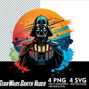 May include: A digital illustration of Darth Vader from Star Wars, rendered in a watercolor style. The artwork features Vader's helmet and armor against a backdrop of orange, blue, and yellow brushstrokes. The text "Star Wars Darth Vader" is at the bottom.