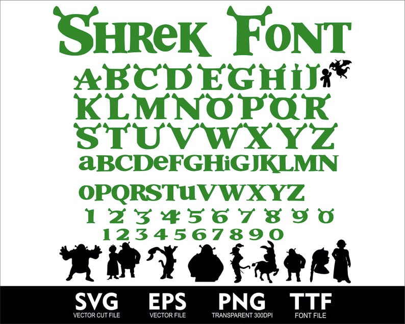 May include: Green Shrek font alphabet with uppercase and lowercase letters, numbers, and symbols. The font is stylized with a green ogre-like design. The image also includes a silhouette of Shrek and other characters from the movie.