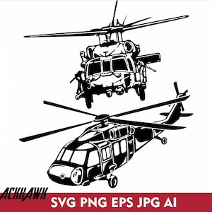 Może przedstawiać: Czarno-biała sylwetka dwóch helikopterów Black Hawk. Helikoptery są skierowane przodem, z widocznymi wirnikami. Tekst "BLACKHAWK" znajduje się na dole obrazu. Tekst "SVG PNG EPS JPG AI" znajduje się na dole obrazu.