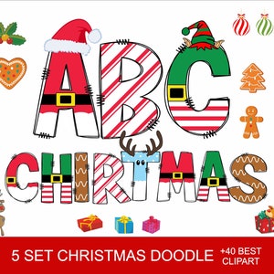 Christmas Doodle Alphabet Bundle 5 Set Santa Font Elf Font Candy letters Png and for Cricut SVG Letters XMas Alphabet