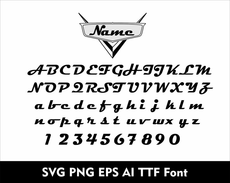 May include: A black and white font with uppercase and lowercase letters, numbers, and the word 'Name' in a gray oval. The font is in a bold, cursive style. The text below the font says 'SVG PNG EPS AI TTF Font'.