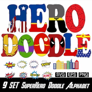 Super Hero Alphabet Svg Png Avanger Super Hero Letters Super Hero Doodle Letters Kids Sublimation Font Hero Font Svg Eps Png