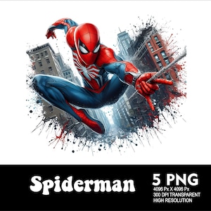 May include: A digital illustration of Spiderman swinging through a city with a red, blue, and black suit. The background is a white canvas with black paint splatters.