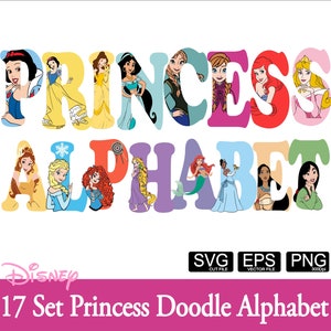 Letras del alfabeto de princesa, 17 unidades, fuente de garabatos de princesa, Frozen SVG, Bella Anna, fuente de princesa, alfabeto de cumpleaños Svg, PNG, EPS
