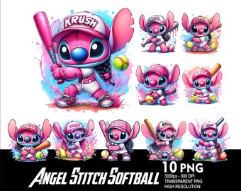 10 PNG Angel Stitch Softball Pink White Splash and Watercolor Transparent PNG file 300Dpi High Resolution PNG Girl Stitch Softball Angel Png
