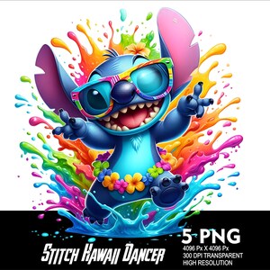 Puede incluir: Un personaje de dibujos animados azul con orejas grandes, que lleva gafas de sol y un collar de flores, salta en un chapoteo de pintura colorida. El personaje es conocido como Stitch de la película de Disney Lilo & Stitch.