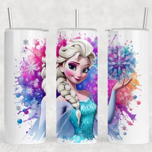 May include: Three stainless steel tumblers with a watercolor design featuring a cartoon image of Elsa from the movie Frozen. The design includes snowflakes and a blue and purple watercolor background.