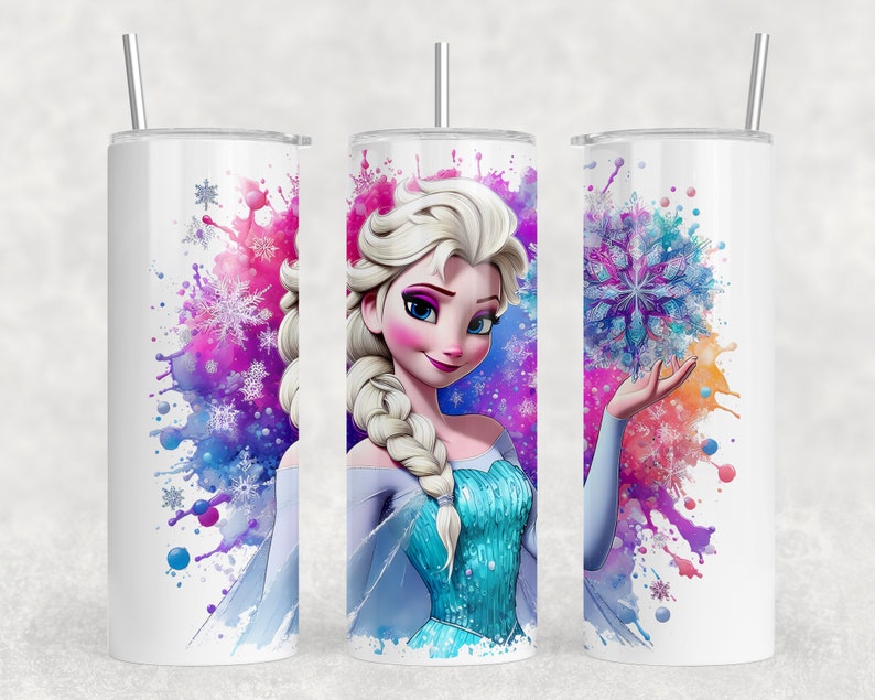 May include: Three stainless steel tumblers with a watercolor design featuring a cartoon image of Elsa from the movie Frozen. The design includes snowflakes and a blue and purple watercolor background.