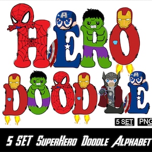 Alfabeto de superhéroe PNG Fuente Avanger Letra de superhéroe Fuente PNG Doodle de héroe Fuente de sublimación para niños Diseño de camiseta para niños