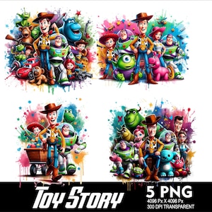 Op de afbeelding: Een kleurrijke digitale illustratie van de Toy Story-personages, waaronder Woody, Buzz Lightyear, Jessie en Rex. De personages zijn in een groep gerangschikt, met een aquarel-achtige achtergrond.