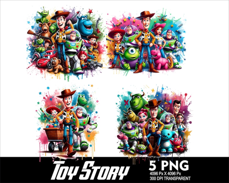 Op de afbeelding: Een kleurrijke digitale illustratie van de Toy Story-personages, waaronder Woody, Buzz Lightyear, Jessie en Rex. De personages zijn in een groep gerangschikt, met een aquarel-achtige achtergrond.