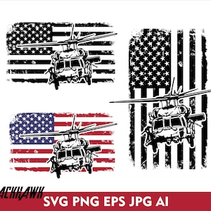 Może przedstawiać: Wzór amerykańskiej flagi w czarno-białym kolorze z czarnym sylwetką helikoptera Blackhawk przelatującego nad nią. Wzór powtarza się z czerwoną, białą i niebieską amerykańską flagą w stanie zużycia.