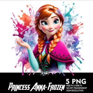 5 PNG prinses Anna Splash en aquarel transparant PNG-bestand voor sublimatie 300Dpi hoge resolutie PNG downloadbestanden prinses Anna