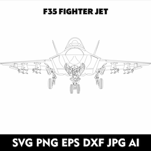 May include: A black and white line drawing of an F35 fighter jet. The jet is facing forward with its landing gear down. The drawing includes details like the cockpit, wings, and engine.