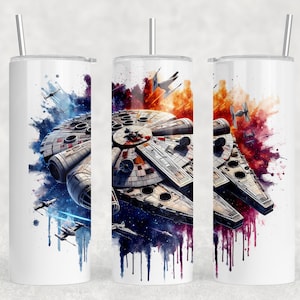 May include: Three stainless steel tumblers with a watercolor design featuring the Millennium Falcon from Star Wars. The designs are blue, orange, and red.