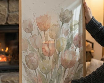 Floral Wall Art Printable Tulip Print: Soft Color Watercolor Painting Vertical Tulip Floral Artwork Splashy Style (Digital Download)