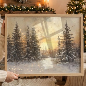 Winterlandschaft Druck Winter Wandkunst Zum Ausdrucken Wintergemälde Rustikales Landschaftsbild Winterwald Kiefer Kunst Digital
