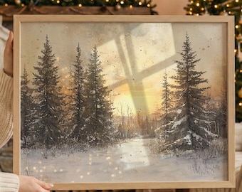 Winter Landscape Print, Winter Printable Wall Art, Winter Painting, Winter Printable Art, Rustic Landscape printable, Pine Forest Painting