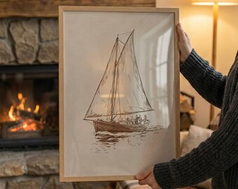 Simple Nautical Sketch Art: Vintage Sailboat Drawing Print (Digital Download)