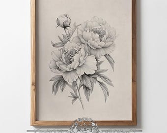 Antique Peony Wall Art Digital Download Neutral Floral Printable Art Print Vintage Peony Pencil Sketch Botanical Flower Rustic Line Artwork