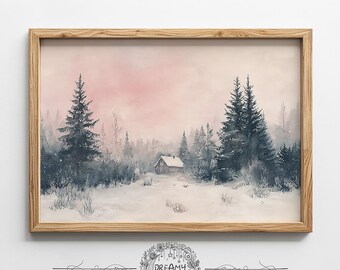 Può includere: Una stampa incorniciata ad acquerello di un paesaggio invernale. L'opera raffigura una scena innevata con alberi sempreverdi, una piccola baita e un cielo rosa e bianco. La cornice è in legno chiaro.