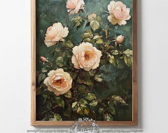 Ein Vintage-Ölgemälde Wilder Rosen Digitaler Download Botanischer Malerei Druck Antike Blumen-Wandkunst Rosen Kunstwerk Druckbare Deko