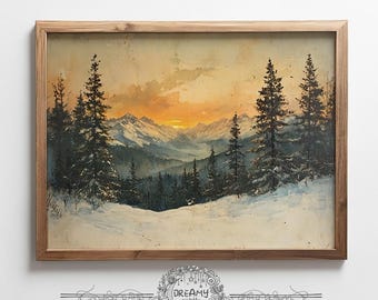 Winter Pine Forest Painting: Vintage Snow Landscape Wall Art (Digital Download)