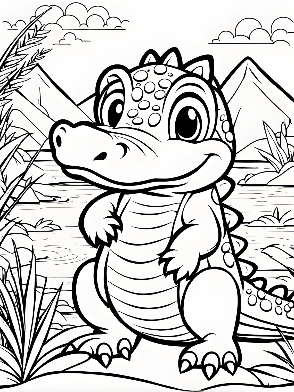 Baby Crocodile Coloring Page Printable Croc Coloring Sheet Black and White Coloring Sketch ...