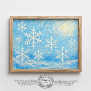 May include: A framed print featuring a winter scene with white snowflakes against a blue and yellow sky. The artwork has a textured, painted appearance, with a wooden frame. The overall theme is winter and nature.