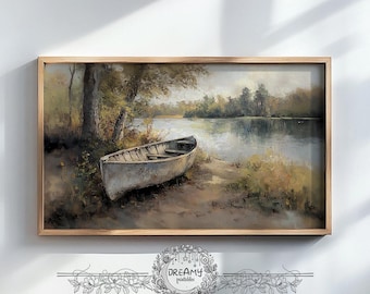 Muted Lake Watercolor Landscape Samsung Frame TV Art Lake Landscape Frame TV Art Vintage Boat Scene Rustic Oil Painting Tranquil Nature Art