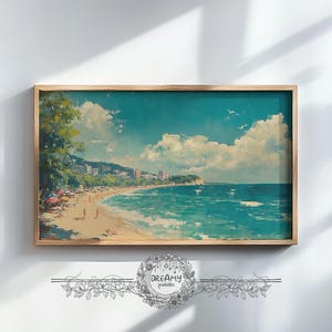 Coastal City Beach Painting: Vintage Seaside Art (Digital Download)