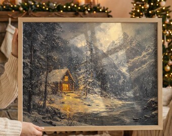Vintage Winter Watercolor Painting Rustic Cabin Snow Scene Christmas Wall Art Cozy Landscape Farmhouse Holiday Home Decor Printable Download