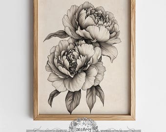 Peony Sketch Wall Art Digital Download Black And White Botanical Drawing Vintage Pencil Flower Illustration Printable Floral Line Art Decor