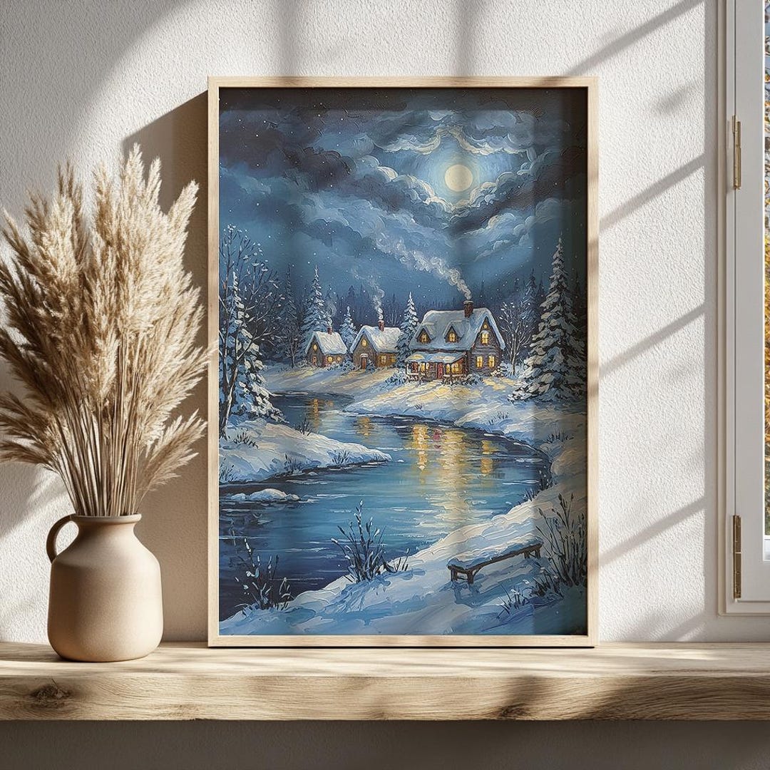 Winter Cabin Landscape Art: Snowy Village Scene, Rustic Home Decor ...