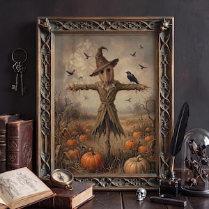 May include: A framed painting of a scarecrow with a burlap sack head and a pointed hat standing in a pumpkin patch. The scene includes flying black crows, dry corn stalks, and orange pumpkins. The frame is dark, ornate, and gothic in style.