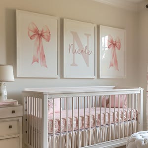 Custom Pink Bow Wall Art Set of 3 Prints Personalized Name Sign Girl Room Decor Watercolor Girly Art, Custom Name Print, Girls Nursery Decor