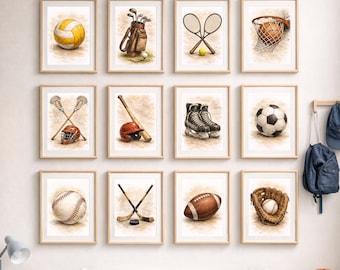 Sports Wall Art Set of 12 Prints, Boys Room Decor, Printable Nursery Wall Art, Kids Room Sports Decor, Gallery Wall Set