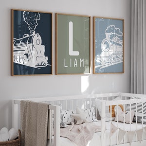 Set of 3 Prints Nursery Train Custom Wall Art Decor Print Toddler Boy Wall Art Personalized Name Nursery Decor Child Kids