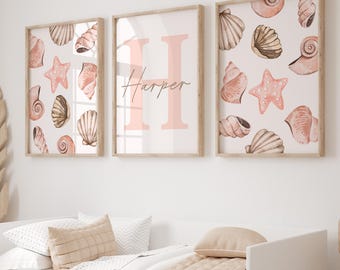 Custom Set of 3 Pink Seashells Prints Wall Art Personalized Name Sign Sea Shells Girl Room Nursery Decor  Watercolor Girly Coastal Print