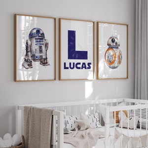 Star Wars Themed Wall Art Set of 3 Prints bb8 r2d2 Nursery Decor Custom Print Toddler Boy Digital Posters Personalized Name Boys Room Decor