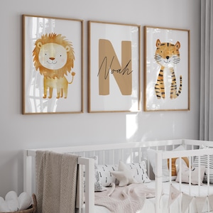 Ensemble personnalisé de 3 impressions, décoration de chambre d'animaux de safari, art mural, nom personnalisé, décoration de chambre d'enfant de la jungle, éléphant lion, girafe, affiches d'enfants et d'enfants