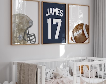 Set of 3 Prints Custom Watercolor Football Wall Art Boy Room Print Personalized Name Boys Room Decor Game Room Nursery Boy Kids Printable