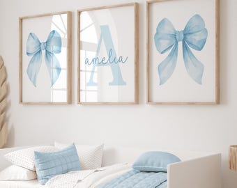Custom Blue Bow Wall Art Set of 3 Prints Personalized Name Sign Girl Room Decor Watercolor Girly Art, Custom Name Print, Girls Nursery Decor