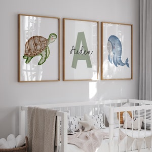 Benutzerdefinierter 3er-Set Kunstdruck unter den Meerestieren des Ozeans Kinderzimmerdeko Personalisiertes Namensposter Nautische Wanddeko Kinderzimmer Jungenzimmer Poster