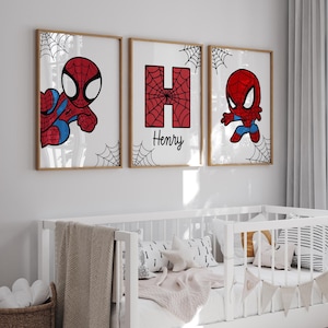 Spiderman Themed Prints 3er-Set Wandkunst Kinderzimmer Dekor Superheld Benutzerdefinierter Druck Kleinkind Junge Digitale Poster Personalisierte Name Jungen Zimmerdekor