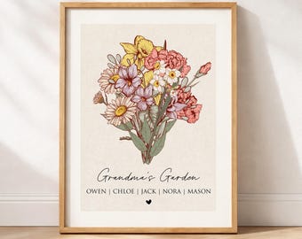 Custom Birth Flower Bouquet Print Wall Art, Personalized Mother's Day Gift for Grandma, Nana's Mom's Garden Antique Flower Digital Art