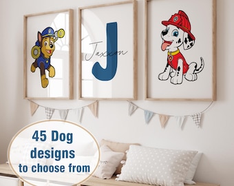 Set de 3 láminas decorativas con temática de perros para la habitación del bebé. Láminas digitales personalizadas con huellas de patas para niño pequeño. Pósteres digitales con nombre personalizado para la habitación de niños y niñas.